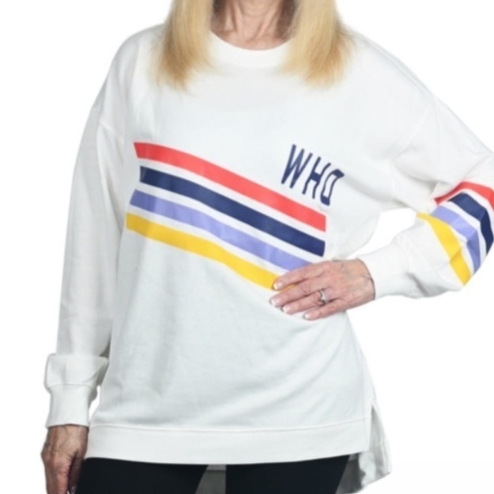 Dubgee White Long Sleeve Multicolor Stripe Whoopi Logo French Terry Sweatshirt